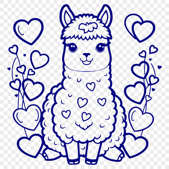 A stylized vector illustration of a friendly alpaca with love hearts surrounding its face.