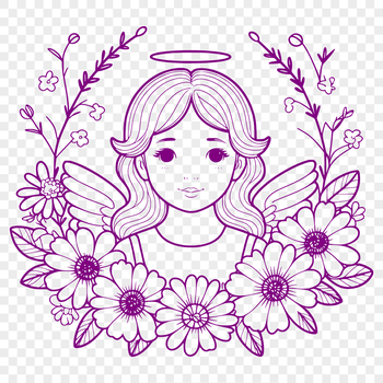 A stylized illustration of a young angel surrounded by flowers in various colors.