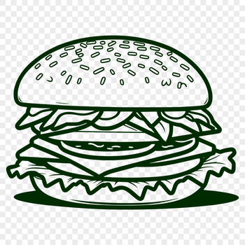 A stylized illustration of a classic hamburger featuring a beef patty, cheese, lettuce, tomato, and bun.