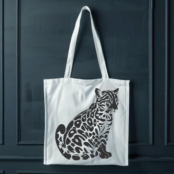 A sitting big cat with distinctive markings and a bushy tail, typical of the wild animal species known as the ocelot.
