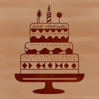 A colorful illustration of a layered birthday cake with candles lit.