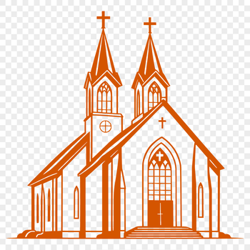 A simple illustration of a traditional Protestant church with a steeple and stained glass windows.