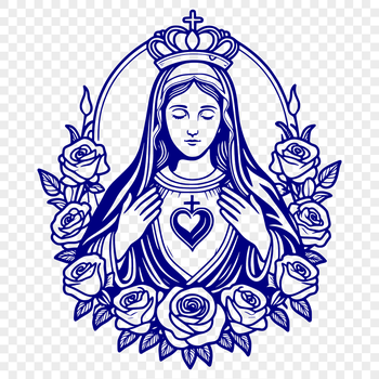 A stylized illustration of the Immaculate Heart in a floral pattern.