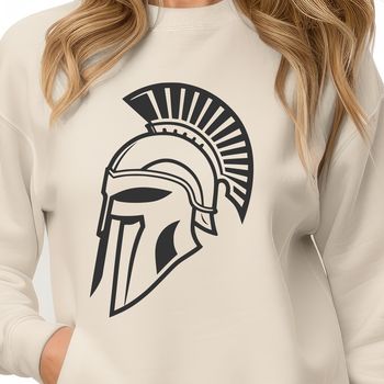 A detailed illustration of a historical Spartan warrior, equipped with a distinctive helmet.