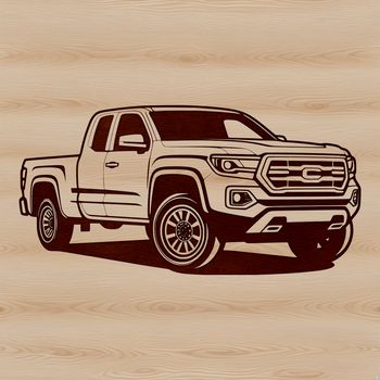 A detailed illustration of a classic American-style pickup truck with a rugged exterior and open bed.