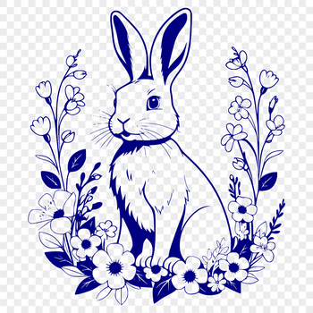 A sitting rabbit surrounded by floral elements.