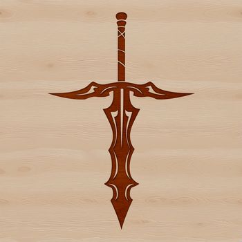 A close-up view of a metallic sword with intricate details and textures.
