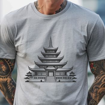 A vector graphic representation of a serene Buddhist temple structure with ornate details.