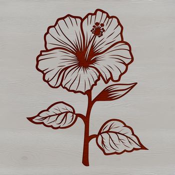 A colorful floral design featuring a large hibiscus flower with long stems and leaves.