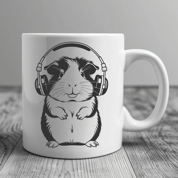 An adorable guinea pig standing on hind legs, wearing headphones.