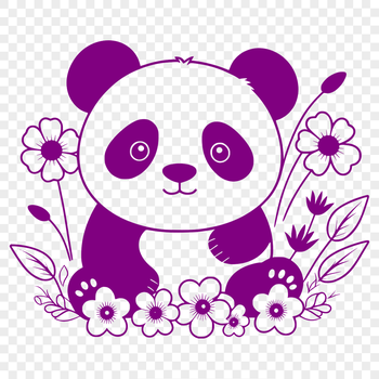 Close-up illustration of a panda sitting in front of a floral arrangement.
