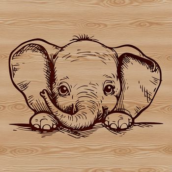 A detailed SVG illustration of a majestic elephant's head peeking out from behind foliage.