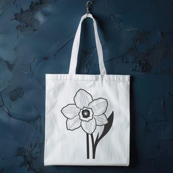 A detailed illustration of a single daffodil flower with long stem and trumpet-shaped blooms.