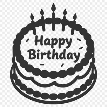 Illustrative birthday design featuring a stylized cake with candles and a celebratory message.