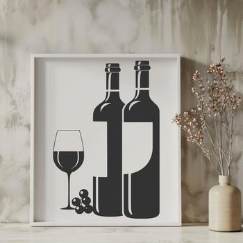 A detailed illustration of a wine bottle and glass on a table.
