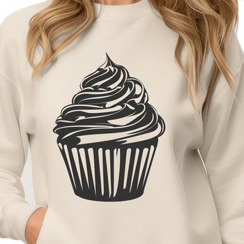 A stylized illustration of a single serving cupcake with decorative frosting and sprinkles.