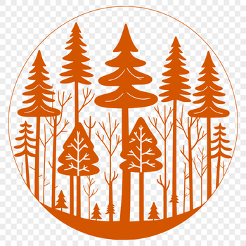 A detailed illustration of a dense forest with tall trees and foliage.