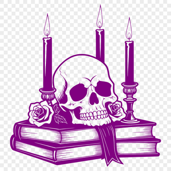 A stylized skull with ornate details surrounded by a book and a rose.