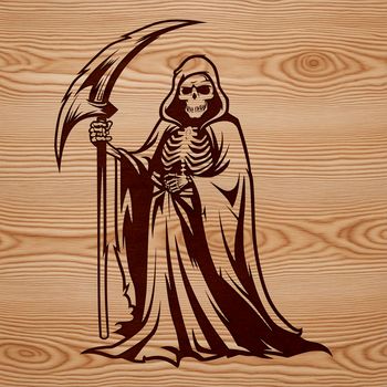 A standing figure in dark attire with a scythe, associated with the holiday of Halloween.
