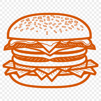 A stylized illustration of a hamburger with a bun, patty, lettuce, tomato, and cheese.