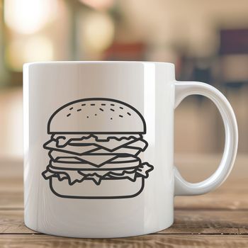 A vector graphic design featuring a stylized representation of a beef patty sandwiched between a bun with various toppings.