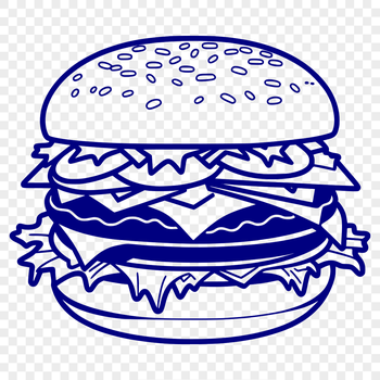 A stylized illustration of a classic cheeseburger with a beef patty, cheese, lettuce, tomato, and condiments on a bun.