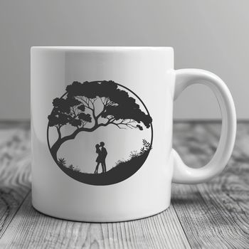 A stylized illustration of a tree with two embracing figures, perfect for Valentine's Day decorations or wedding ceremonies.
