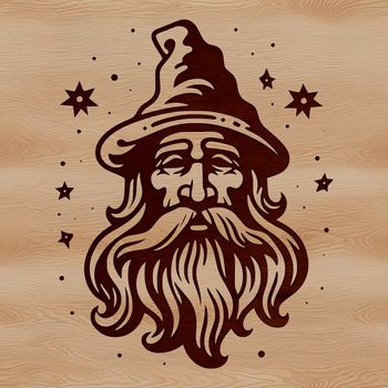 A medieval-style wizard with a long white beard and pointed hat, surrounded by magical elements.