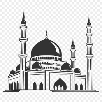 Illustrated mosque building with minarets and arches, suitable for vector art design.
