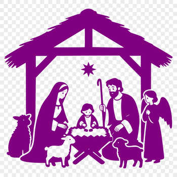 Nativity scene illustration featuring the Holy Family in a traditional setting.
