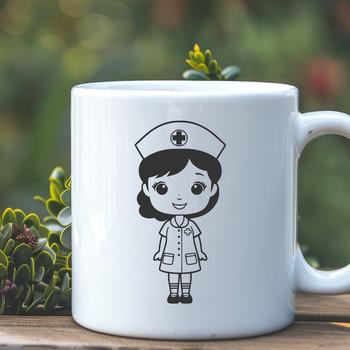 A detailed illustration of a female nurse in her full professional attire.