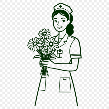 A professional female nurse surrounded by subtle floral patterns.