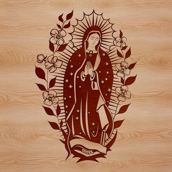 Image of a stylized depiction of the Virgin Mary with ornate floral details, suitable for religious contexts.