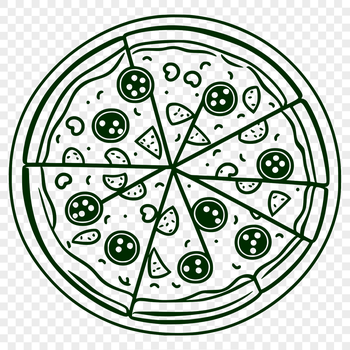 A simple vector illustration of a classic round pizza with melted cheese, toppings, and crust.