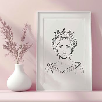 A royalty-inspired illustration of a female character in a regal pose.