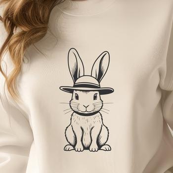 A white domestic rabbit sitting on its haunches in a relaxed pose.