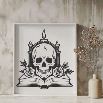 A detailed illustration of a Gothic-style skull with a rose between its teeth, surrounded by subtle candlelight effects.