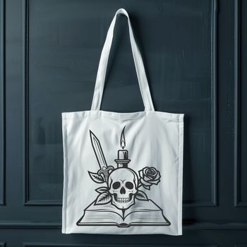 A stylized illustration of a skull with intricate details, featuring a rose in the background and a dagger at its side.