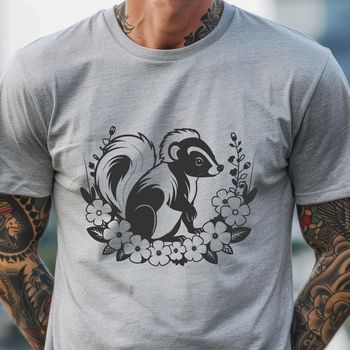 A simple illustration of a skunk with floral patterns in the background.