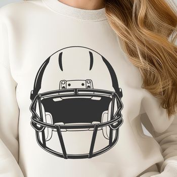 An illustration of a football helmet with a white football attached to the front.