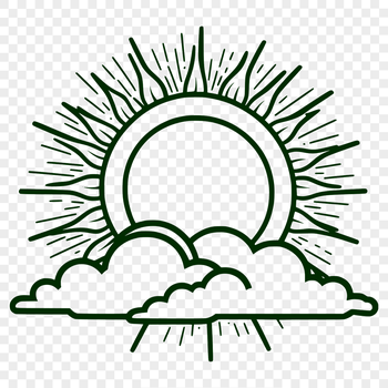 A stylized illustration of the sun with bright rays emanating from its center.