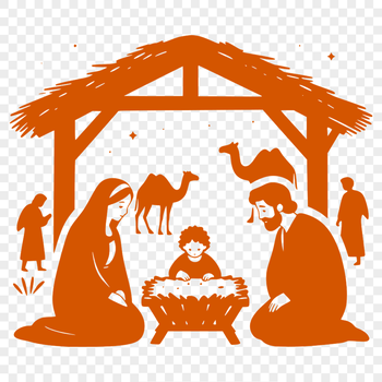 A traditional Christmas scene featuring Mary, Joseph, and the baby Jesus in a stable surrounded by animals.