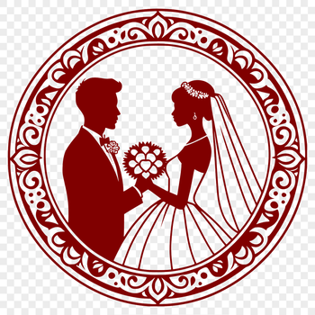 A bride and groom standing together in a ceremonial pose, with a simple floral backdrop.
