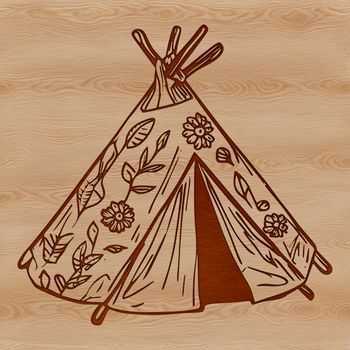 A simple, line-drawn design of a traditional style tent for outdoor camping.