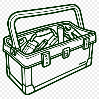 Illustration of a toolbox with various tools and hardware, suitable for vector art designs.