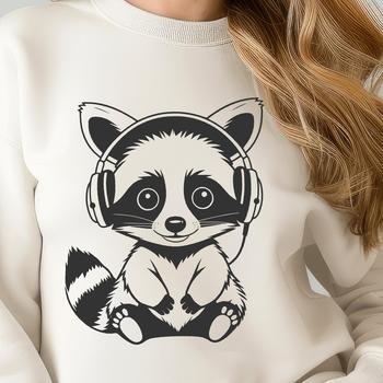 A hand-drawn vector illustration of a racoon wearing headphones, suitable for digital cutting machines like Cricut.