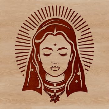 A stylized illustration of the Virgin Mary in an ornate religious setting.