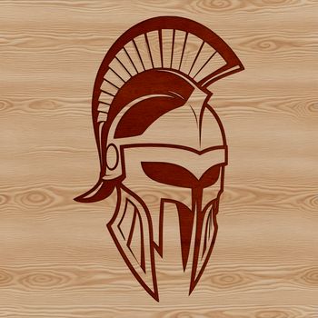 A stylized illustration of a male warrior from ancient Greece, wearing traditional armor including a helmet.