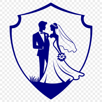 A wedding illustration featuring a happy couple exchanging vows in front of a decorative arch.