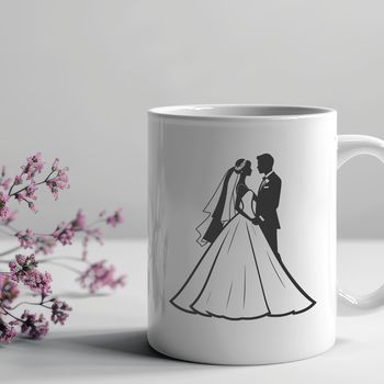 A minimalist illustration of a couple exchanging vows on their wedding day.
